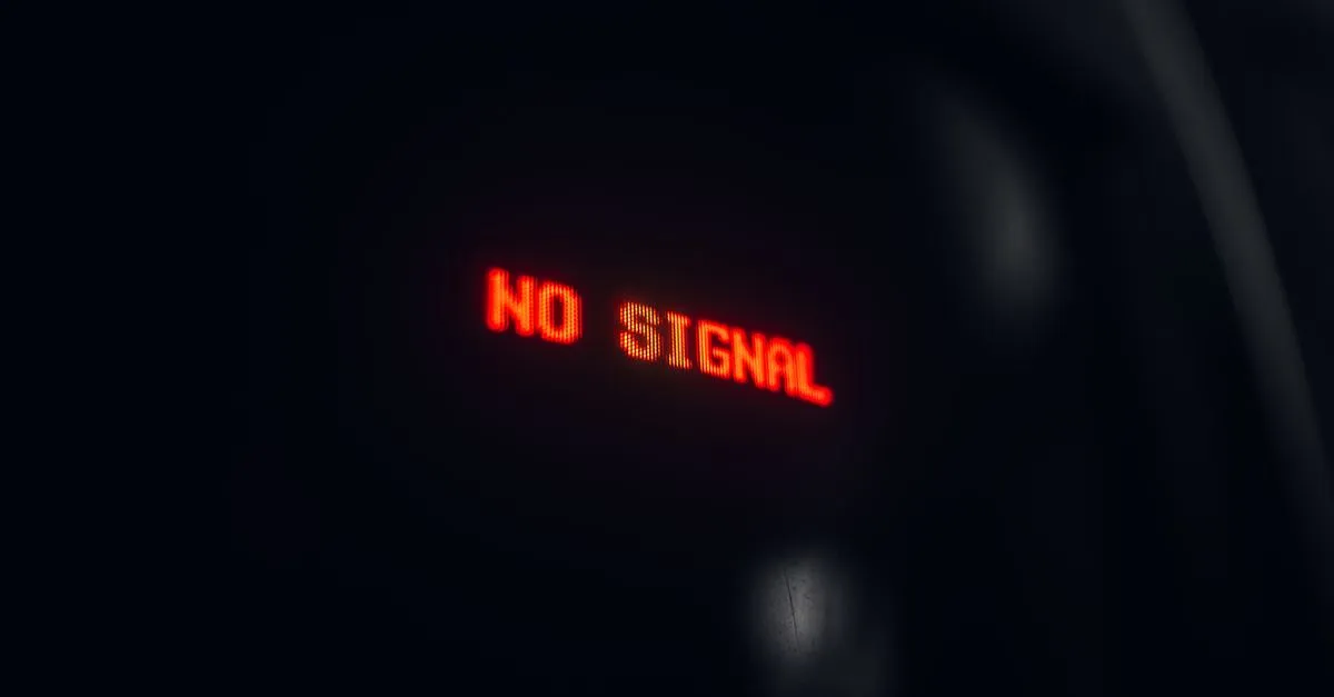 A red LED sign reading NO SIGNAL glowing in the dark, standing in for the ranking drop owners fear from a negative SEO attack.