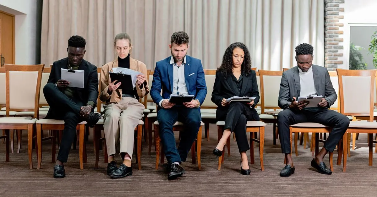 Job candidates waiting for interviews in a recruitment agency reception area.