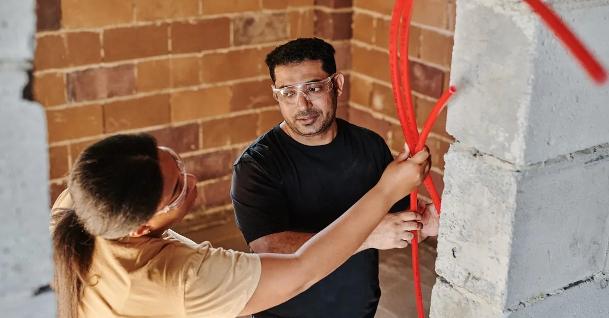Two plumbers running red PEX water lines along a wall during a repipe, the kind of job an organic SEO page for plumbers helps buyers research.