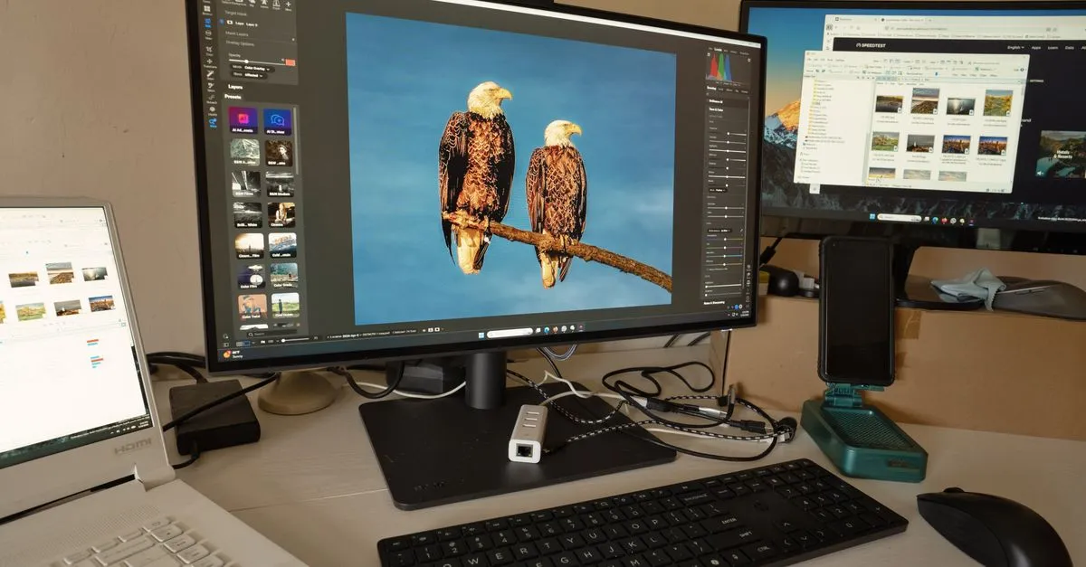 A desktop workspace with two monitors running photo editing software, a keyboard, a mouse, and peripherals on a desk.