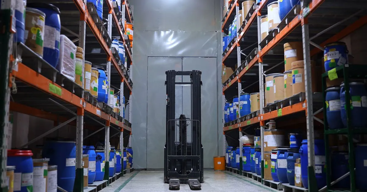 A medical supply distribution warehouse stocked with equipment on tall shelves and a forklift.