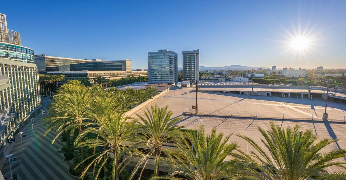 Modern office towers and palm trees under a bright sun with distant hills in an Orange County business district.