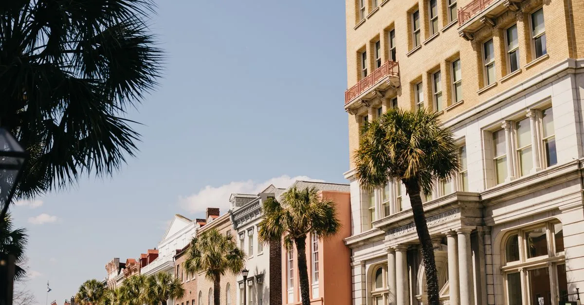 A sunlit downtown Charleston street of historic commercial buildings and palmetto palms, the kind of local business district local SEO is built for.