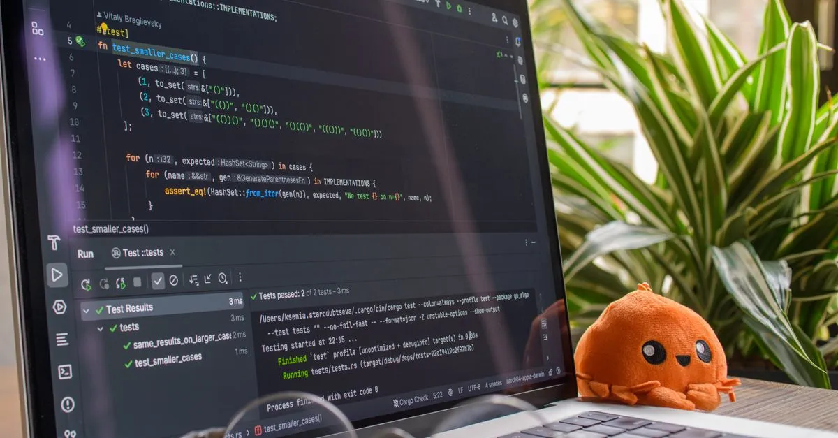 A laptop displaying code and passing test results in an editor, with a small orange plush toy and a leafy plant beside it.