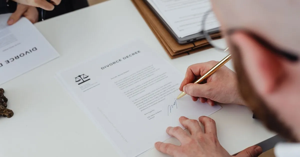 A person signing a contract at a desk.