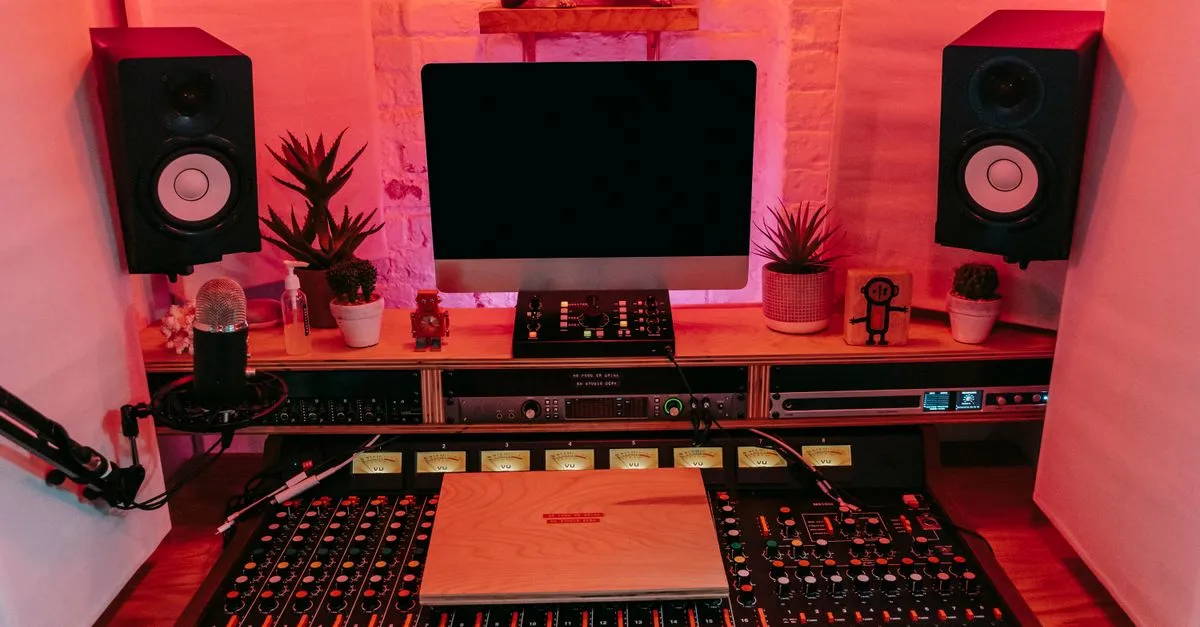 A studio mixing console and speakers, the kind of work a musician website is built to showcase.