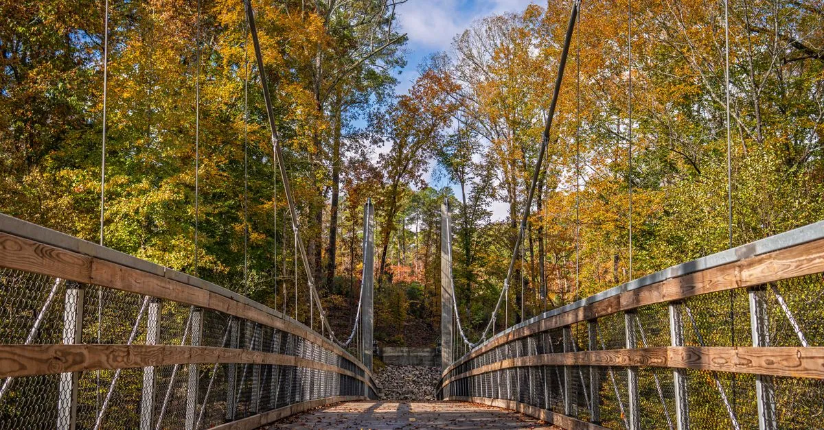A wooden suspension footbridge crossing a wooded creek surrounded by autumn foliage.