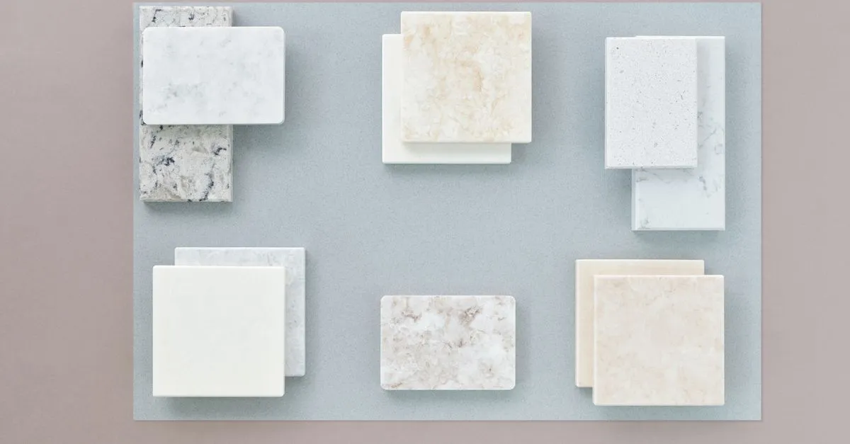 A flat lay of stone and tile flooring samples in different colors and finishes, the kind a flooring showroom lays out.