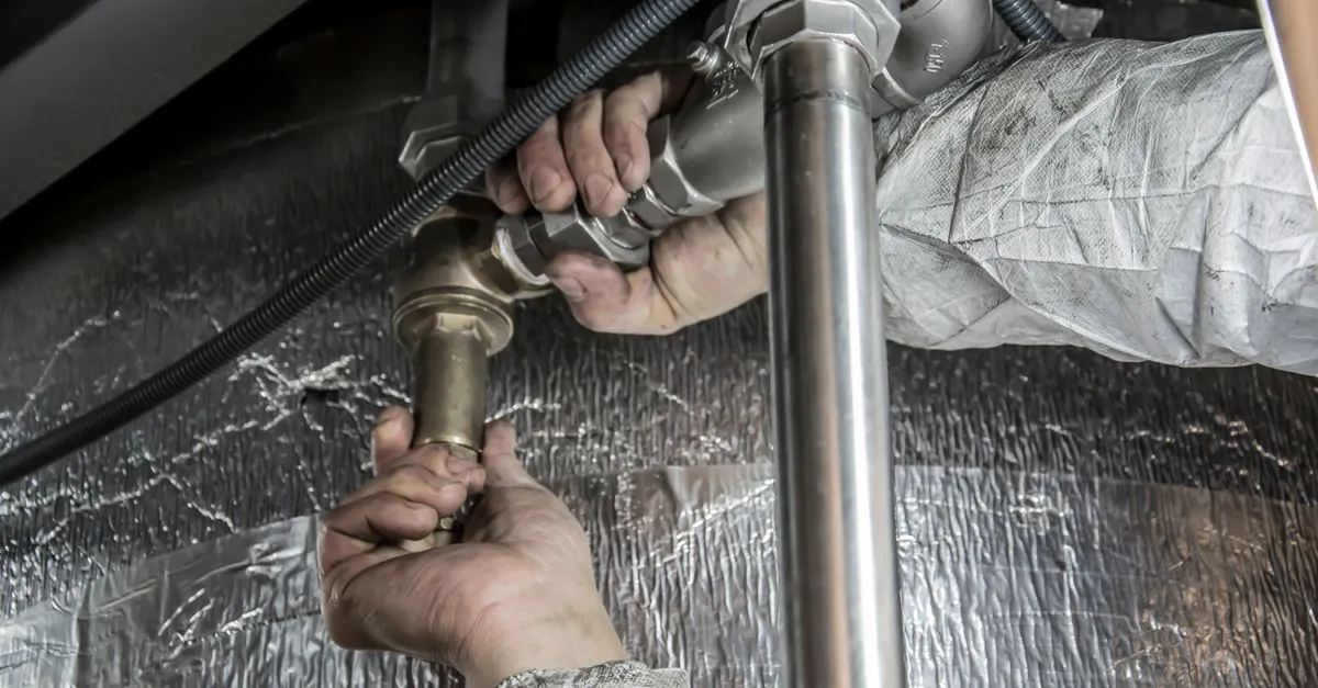A plumber installing pipe fittings under a sink by hand, the kind of work a plumber website turns into booked calls.