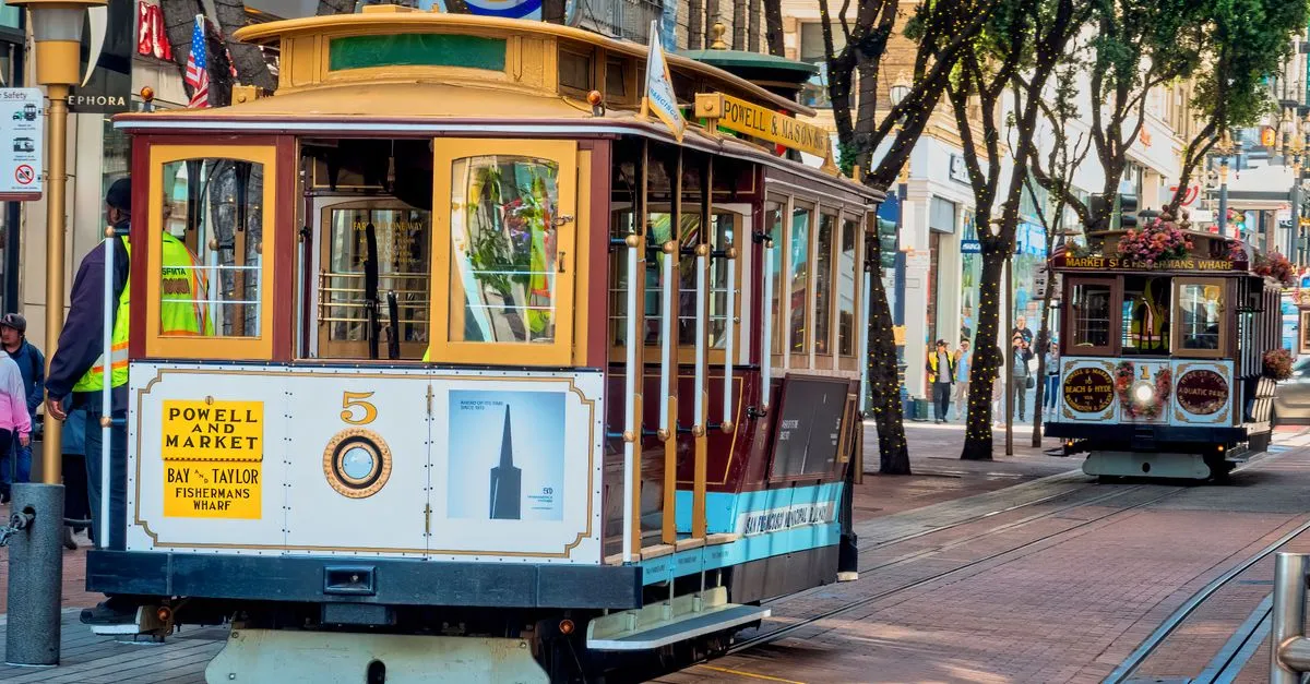 Powell and Market cable cars on a busy San Francisco street lined with shops and pedestrians, the walkable core where local customers search on foot.
