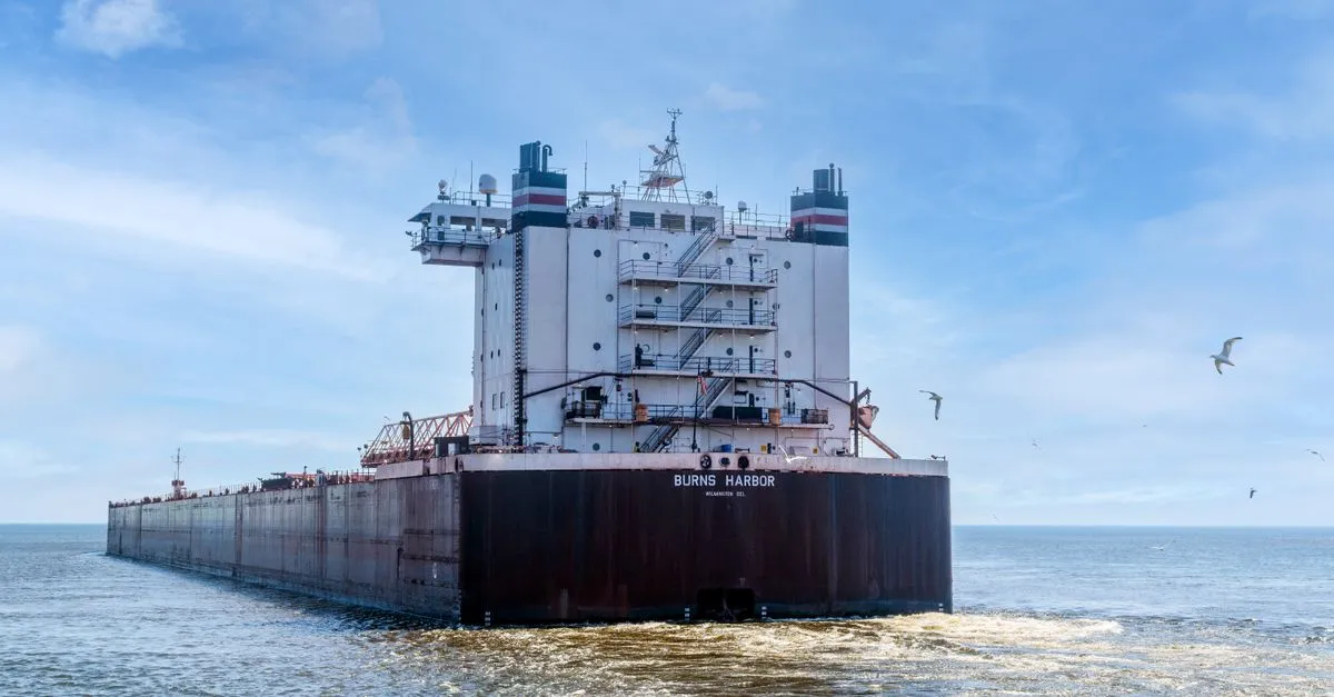 A thousand-foot Great Lakes bulk freighter named Burns Harbor under way on open water with gulls overhead.
