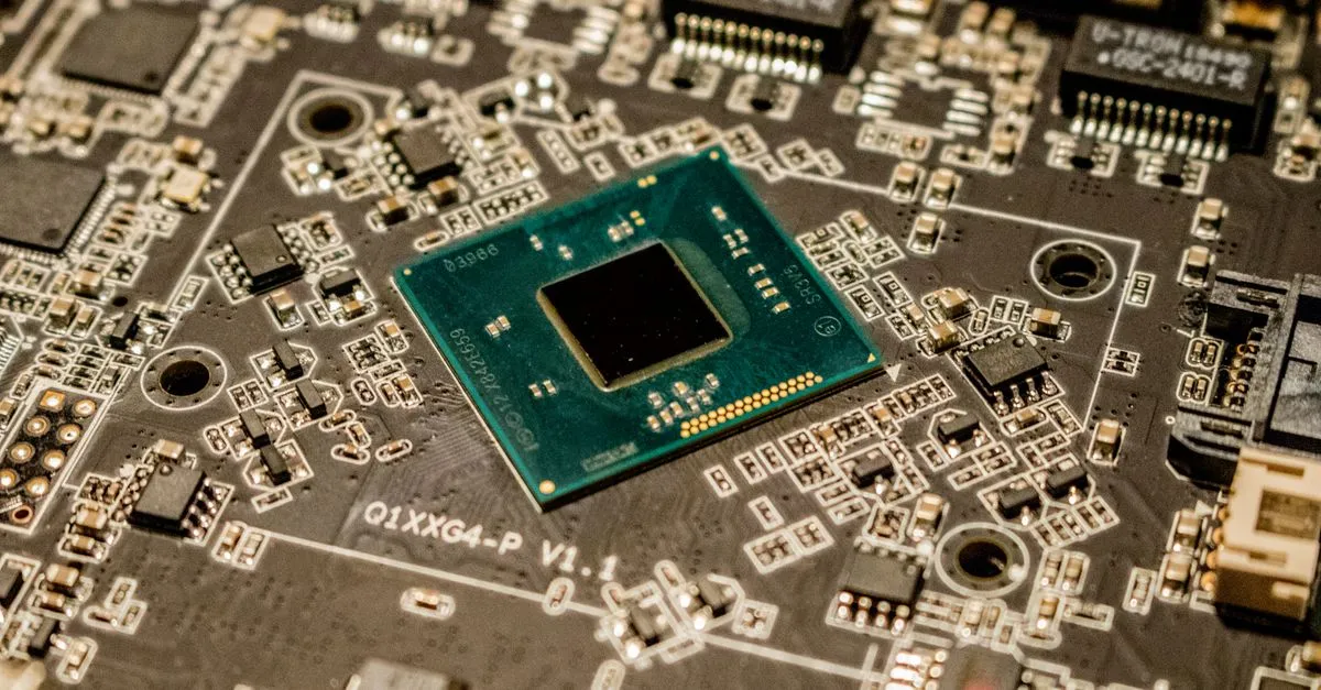 A close-up of a microchip on a green circuit board, the kind of hardware San Jose and Silicon Valley are built on.