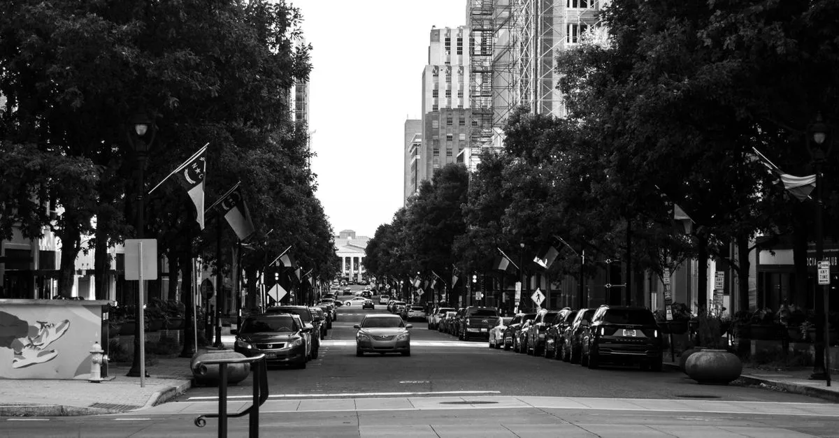A black-and-white view down a tree-lined downtown street with parked cars, banner flags on lampposts, and a columned building at the far end.
