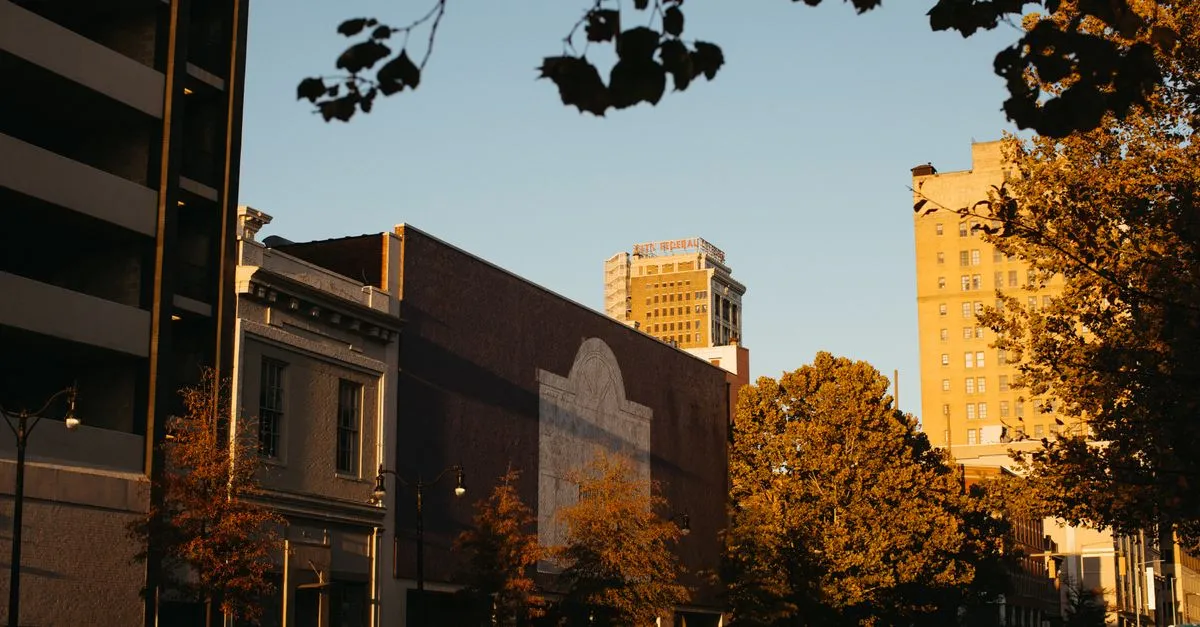 A quiet downtown street of older brick and stone buildings framed by autumn trees in warm evening light.