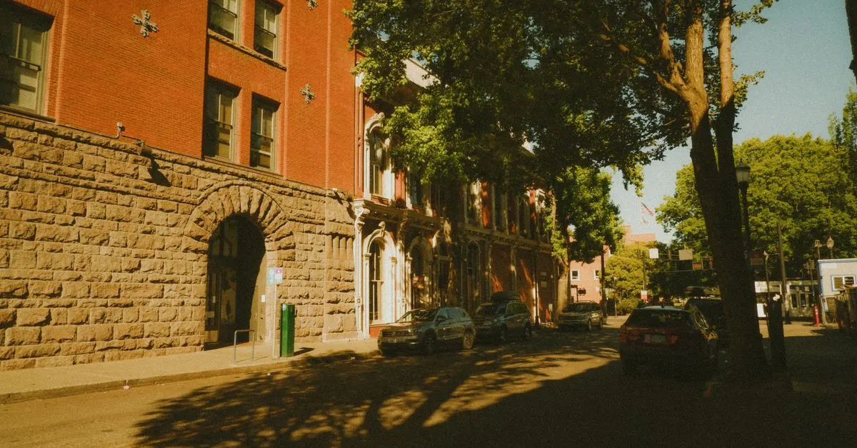 A historic brick and stone building along a tree-shaded Providence, Rhode Island street with cars parked at the curb in warm afternoon light.