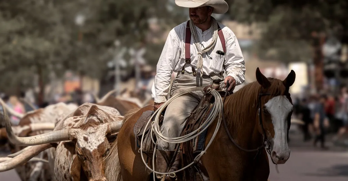 A cowboy on horseback driving Texas Longhorn cattle through the Fort Worth Stockyards, the Western heritage that still defines Cowtown.