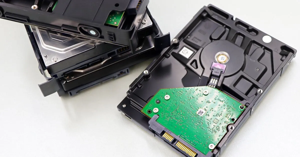 Dismantled hard disk drives on a white surface, standing in for how image files are stored and compressed.