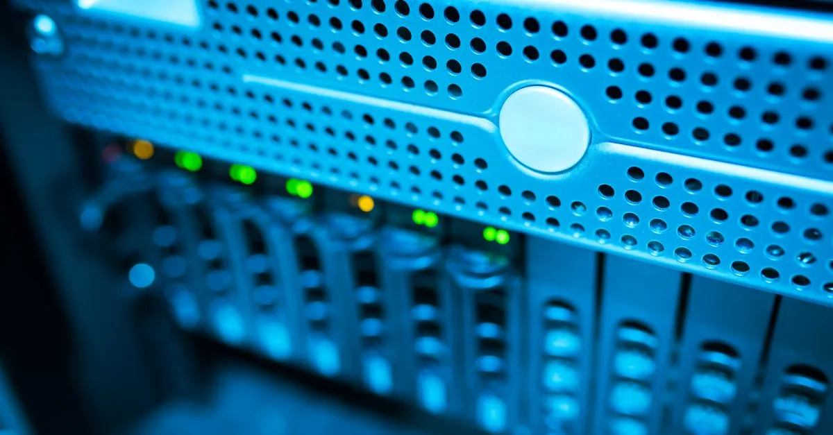 Focused view of a modern data server rack with blinking lights, standing in for Google's knowledge graph database.