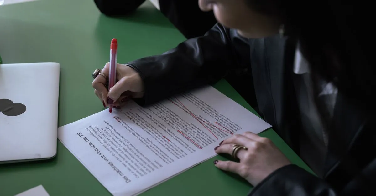 A person in a dark jacket marking up a printed page with a red pen, editing the text by hand next to a laptop.