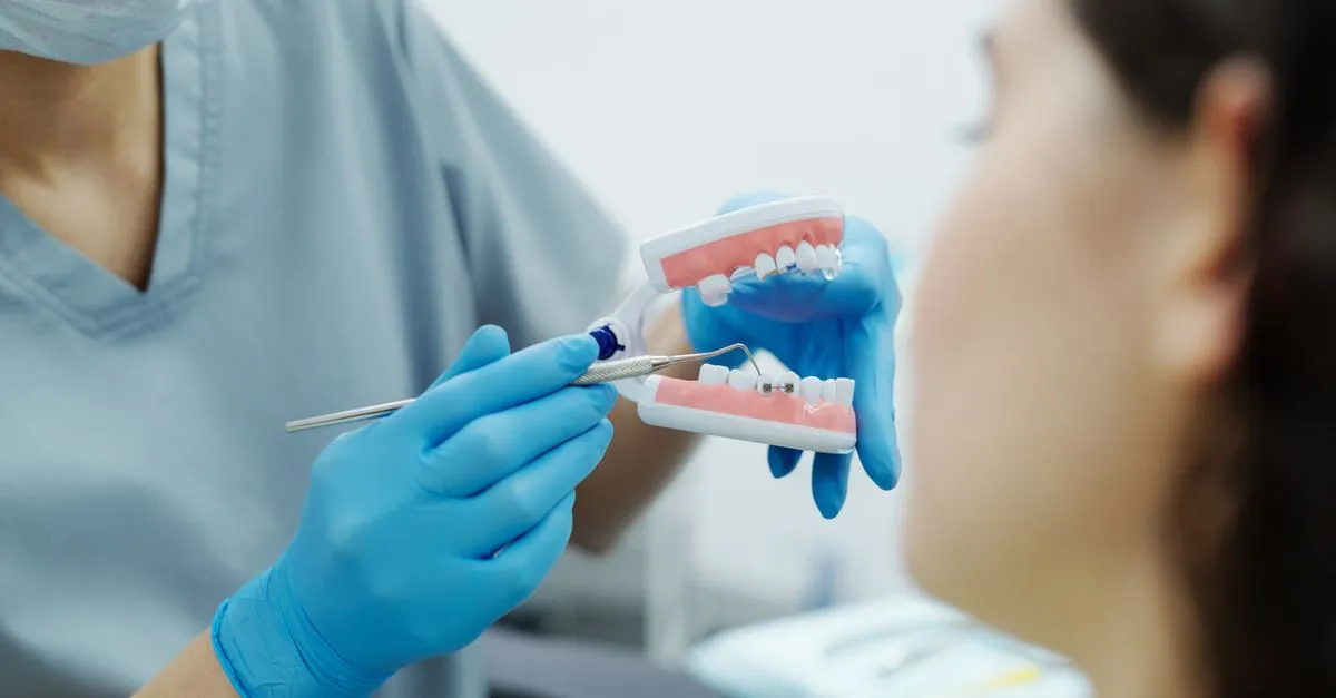 An orthodontist in blue gloves showing a teeth model to a patient, the kind of practice an orthodontist SEO company helps rank in organic search.