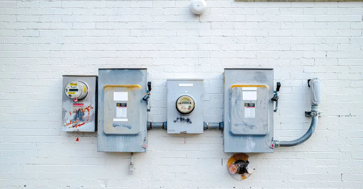 Electrical boxes and power meters mounted on a white brick wall, the kind of panel work an electrician SEO company helps get found organically.