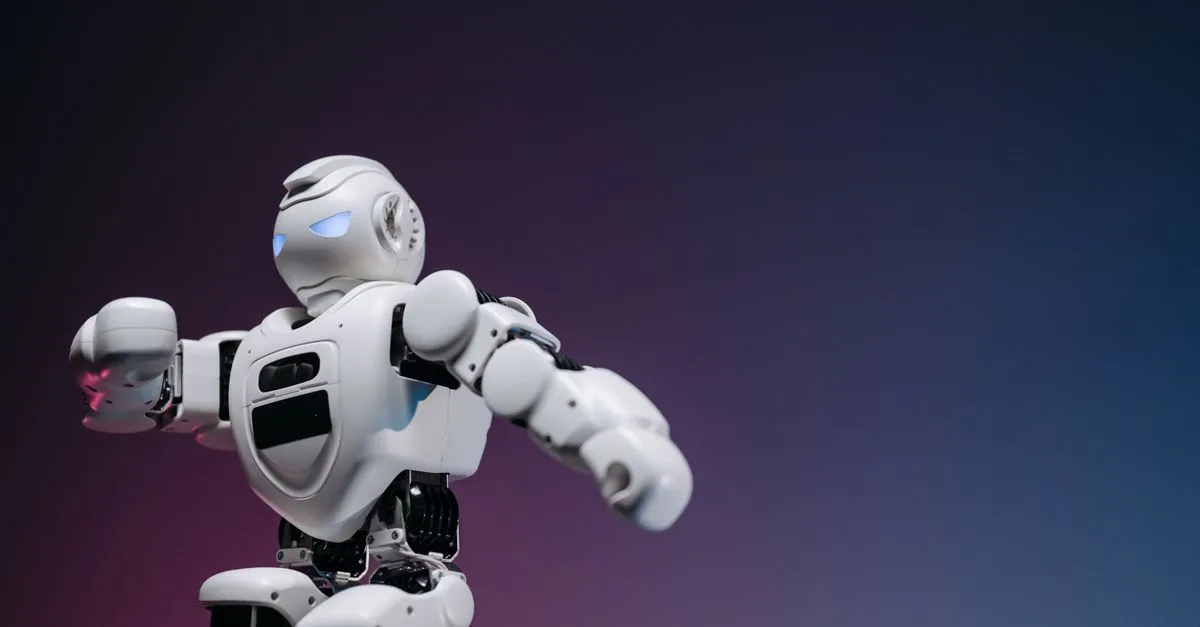A white humanoid robot posed against a blue and pink gradient, representing AI search engines that read and cite web content.