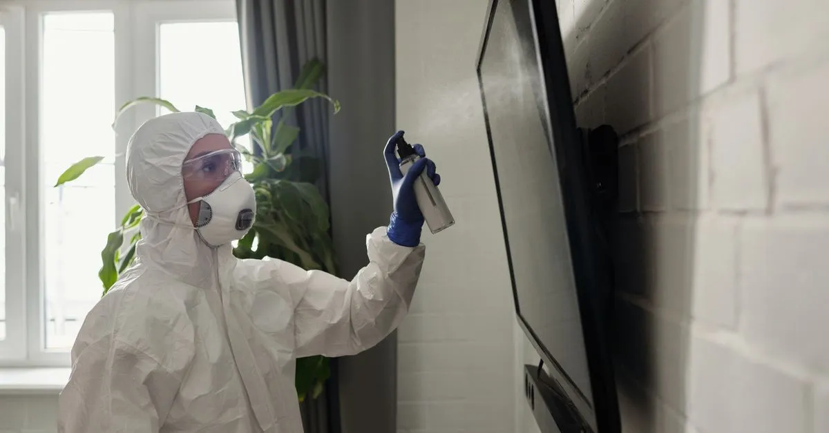 A restoration worker in full protective equipment cleaning inside a property, the kind of company local SEO helps get found.