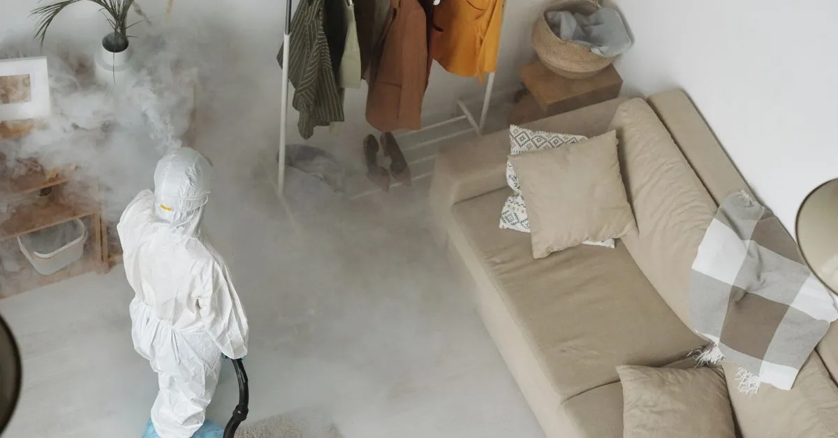 Pest control technician in protective gear spraying treatment inside a home.