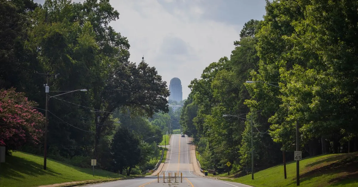 A tree-lined road in Winston-Salem, North Carolina, framing the domed crown of the downtown skyline tower in the distance on a hazy summer day.