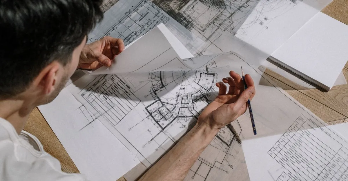 An architect sketching over detailed blueprints, the kind of firm SEO for architects helps clients find.