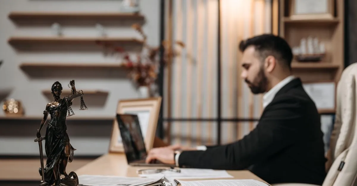 An attorney working at a laptop in a law office, the kind of firm a lawyer website is built to book consultations for.