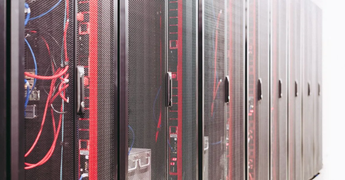Rows of server racks in a data center, the technical backbone a technical SEO audit checks.