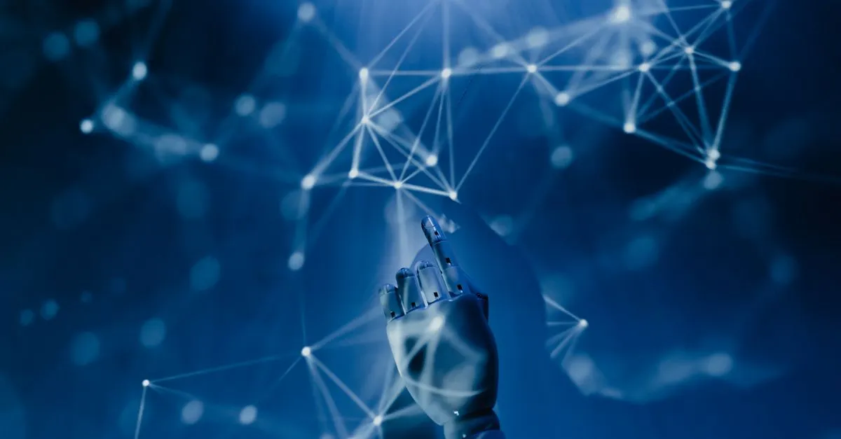 A robotic hand reaching toward a glowing digital network, standing in for the AI engines now recommending brands.