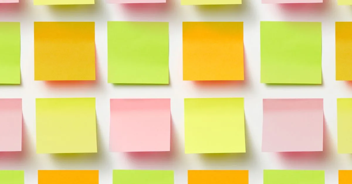 A grid of colorful sticky notes on a white wall, standing in for keywords grouped into clusters.