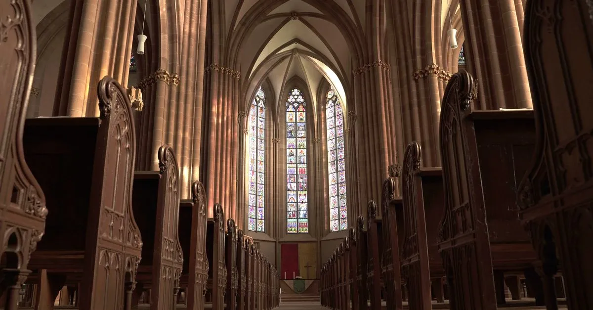 A church sanctuary lined with wooden pews and stained glass, the kind of church newcomers find through local SEO for churches.