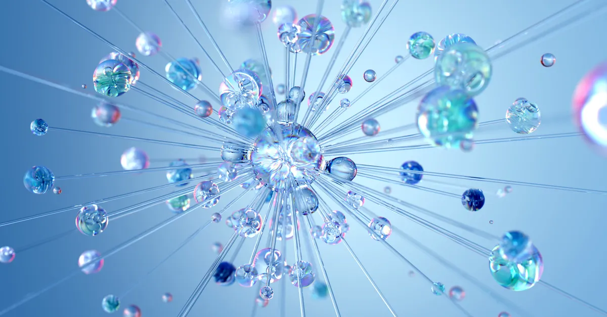 A blue 3D render of one central glass sphere with thin lines radiating out to many smaller spheres, standing in for a backlink profile pointing at one site.