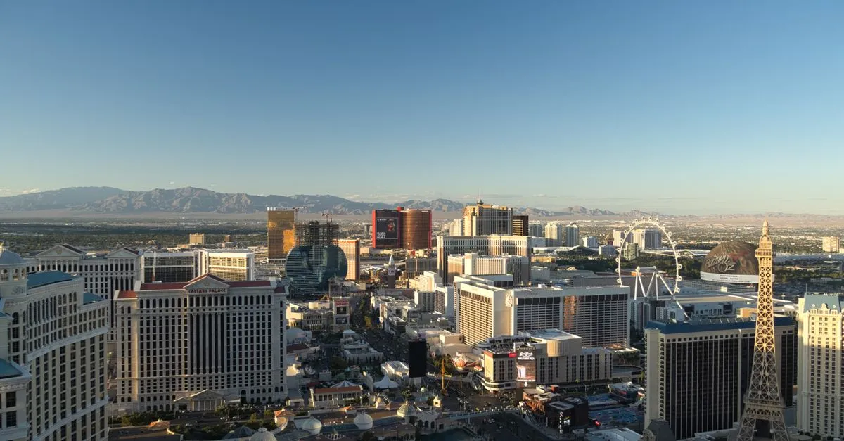 Aerial view of the Las Vegas Strip skyline at daybreak, the tourist core a Las Vegas SEO strategy has to reach.