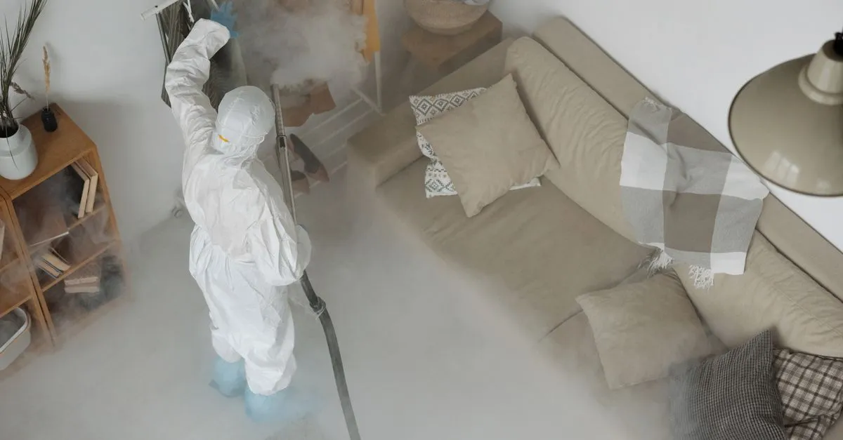 A pest control technician in protective gear treating the inside of a home, the kind of local company homeowners find when they search for an exterminator near me.