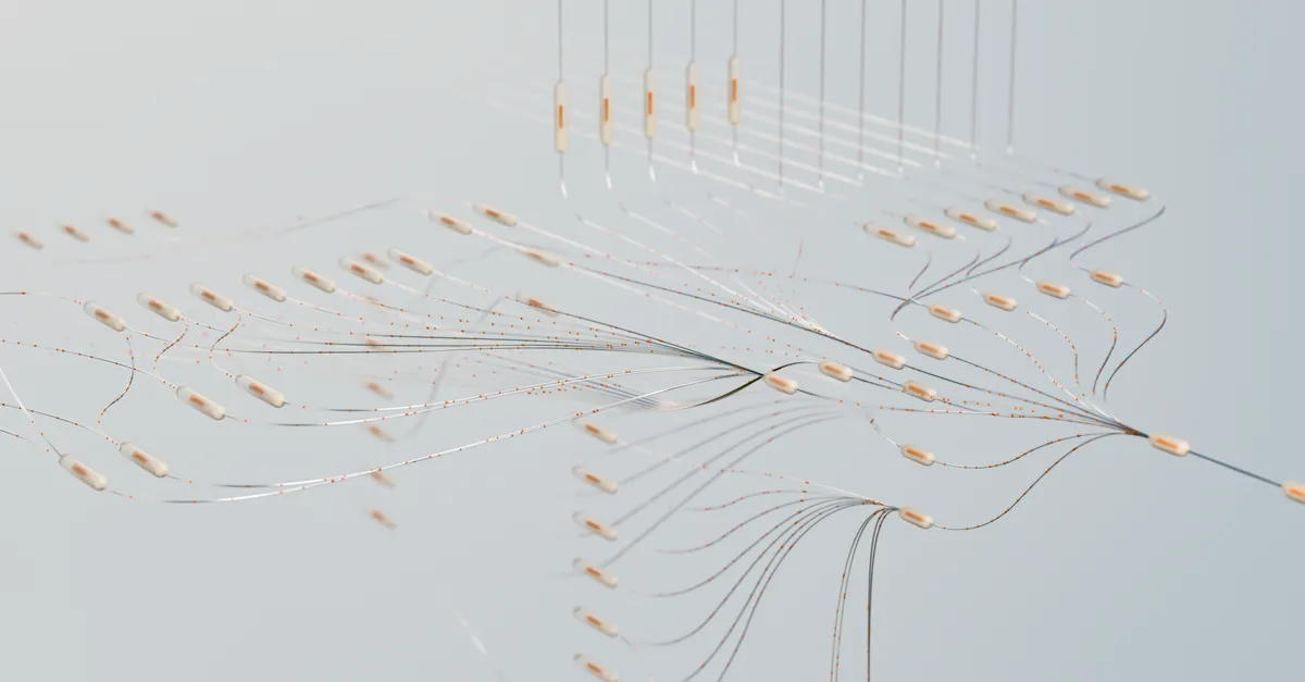 3D visualization of a neural network, representing generative AI engines.