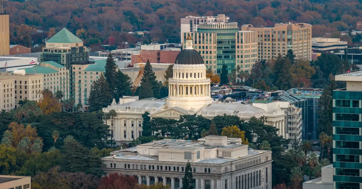 Aerial view of the California State Capitol in Sacramento surrounded by the downtown cityscape a Sacramento SEO strategy has to reach.