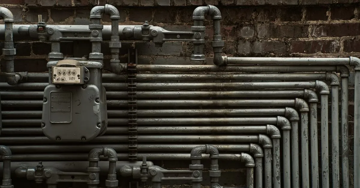 A wall of steel plumbing pipes and fittings, the kind of work the best SEO for plumbers helps homeowners find.