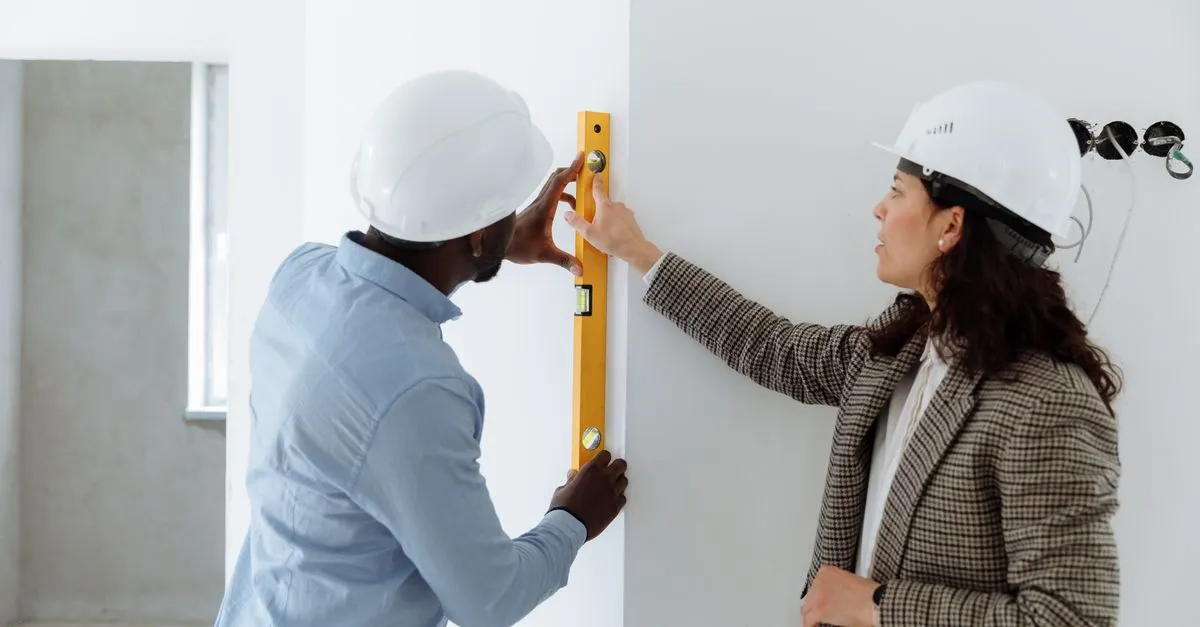 Two contractors using a level to check a wall inside a home renovation, the kind of work a contractor website is built to show.