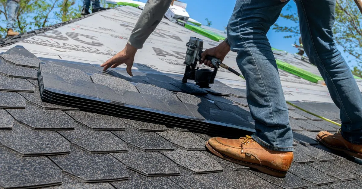 Roofer installing shingles on a residential roof, the kind of crew a roofing SEO company helps homeowners find.