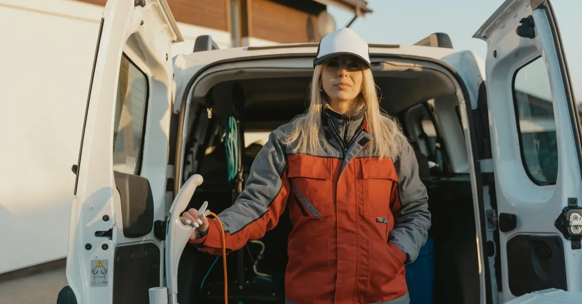 A home service technician in a uniform and hard hat standing at the open back doors of an equipment-filled service van, the kind of mobile business that wins near me searches.