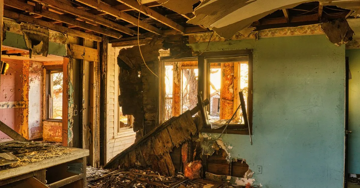 A severely damaged home interior with a collapsed ceiling and torn-out walls, the kind of water and structural damage a restoration company repairs.