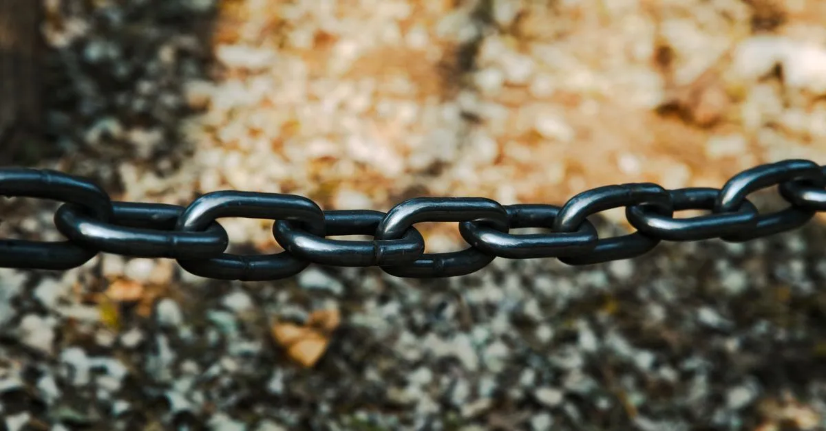 A close-up of a sturdy black metal chain stretched across a blurred outdoor background.