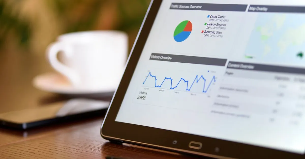 A tablet showing analytics charts on a desk next to a phone and coffee.