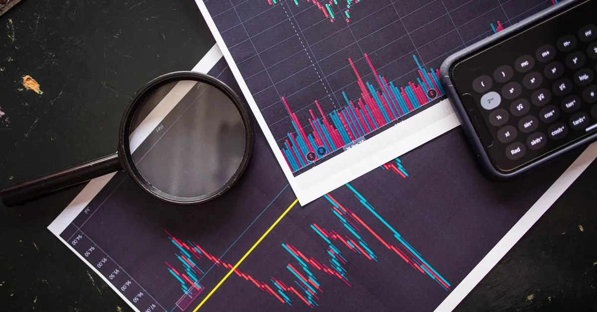 Magnifying glass over market share charts, representing share of voice in AI answers.