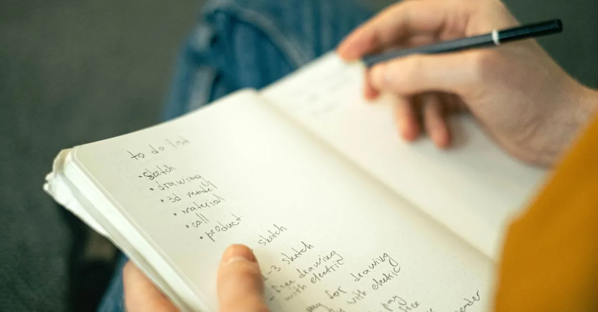 A person writing a short to-do list in a notebook, the way a snippet answer should be kept short and structured.