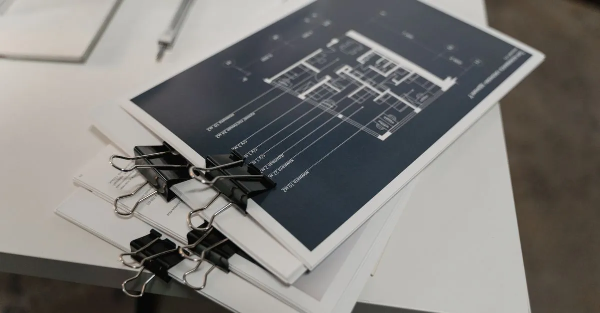 A stack of blueprint documents clipped together on a desk, standing in for the structure a good pillar page needs.
